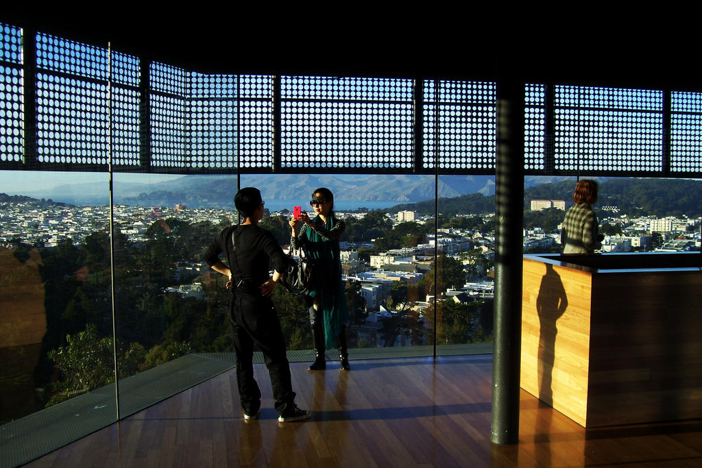 Inside the top of the de Young Museum, looking out at Golden Gate Park