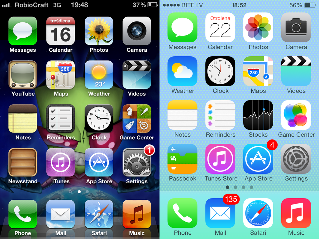 iOS 6 vs iOS 7 design differences comparison: the end of skeuomorphism